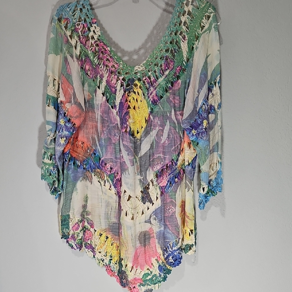 EUC Adore Multicolor Sheer Crochet-Trim Floral Tunic